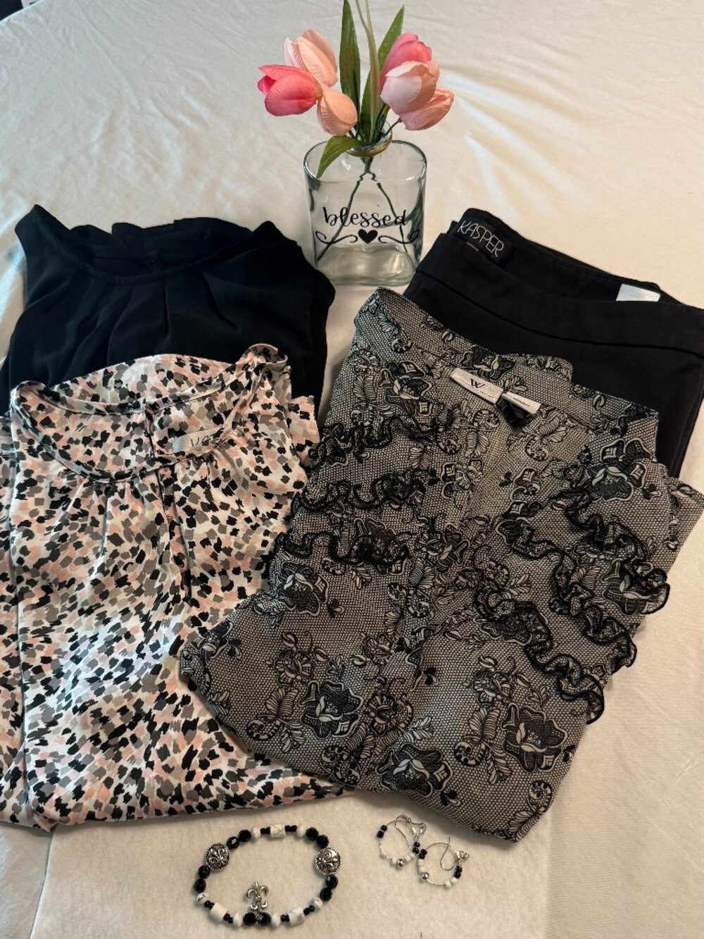 Bundle Women's Blouses (M) and Pants (10) Coordinating Jewelry Set,  Bonus Vase